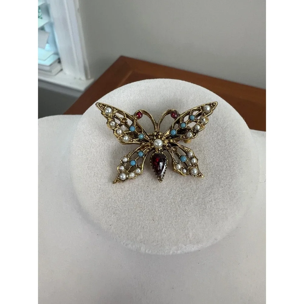 Vintage Gold Tone Butterfly Brooch Faux Pearl Turquoise Red Rhinestone Pin